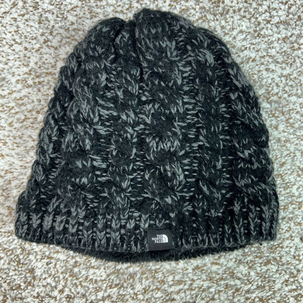 North Face Hat Womens One Size Gray Winter Cable Knit Fleece Lined Beanie Hiking